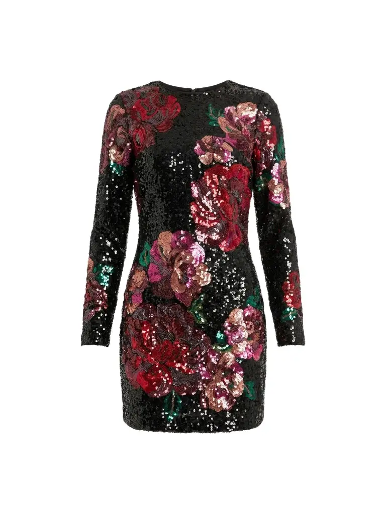 Mac Duggal Women's Sequin Floral Long-Sleeve Fitted Mini Dress