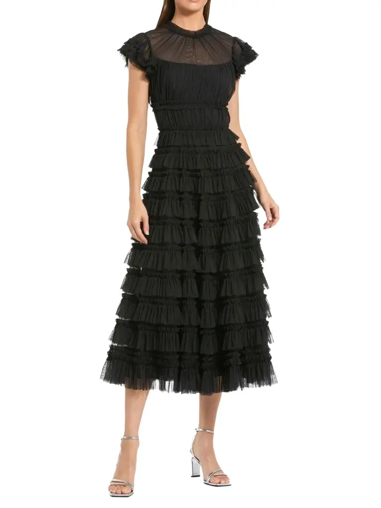 Women's Mesh Ruffled Midi-Dress