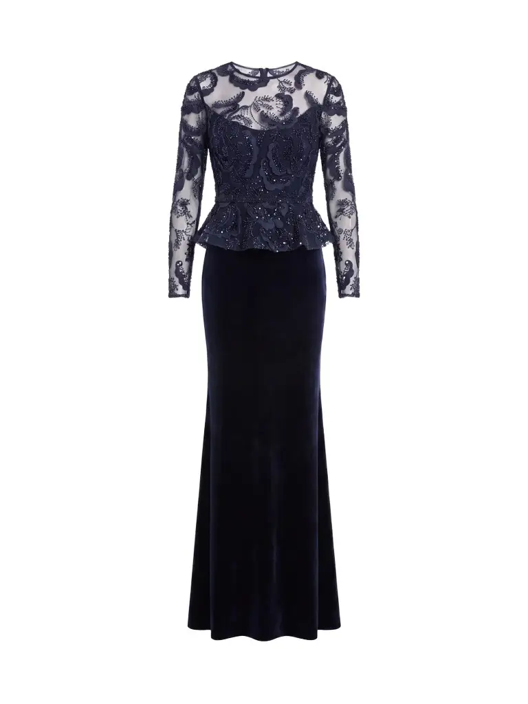 Mac Duggal Women's Embroidered Peplum Velvet Gown