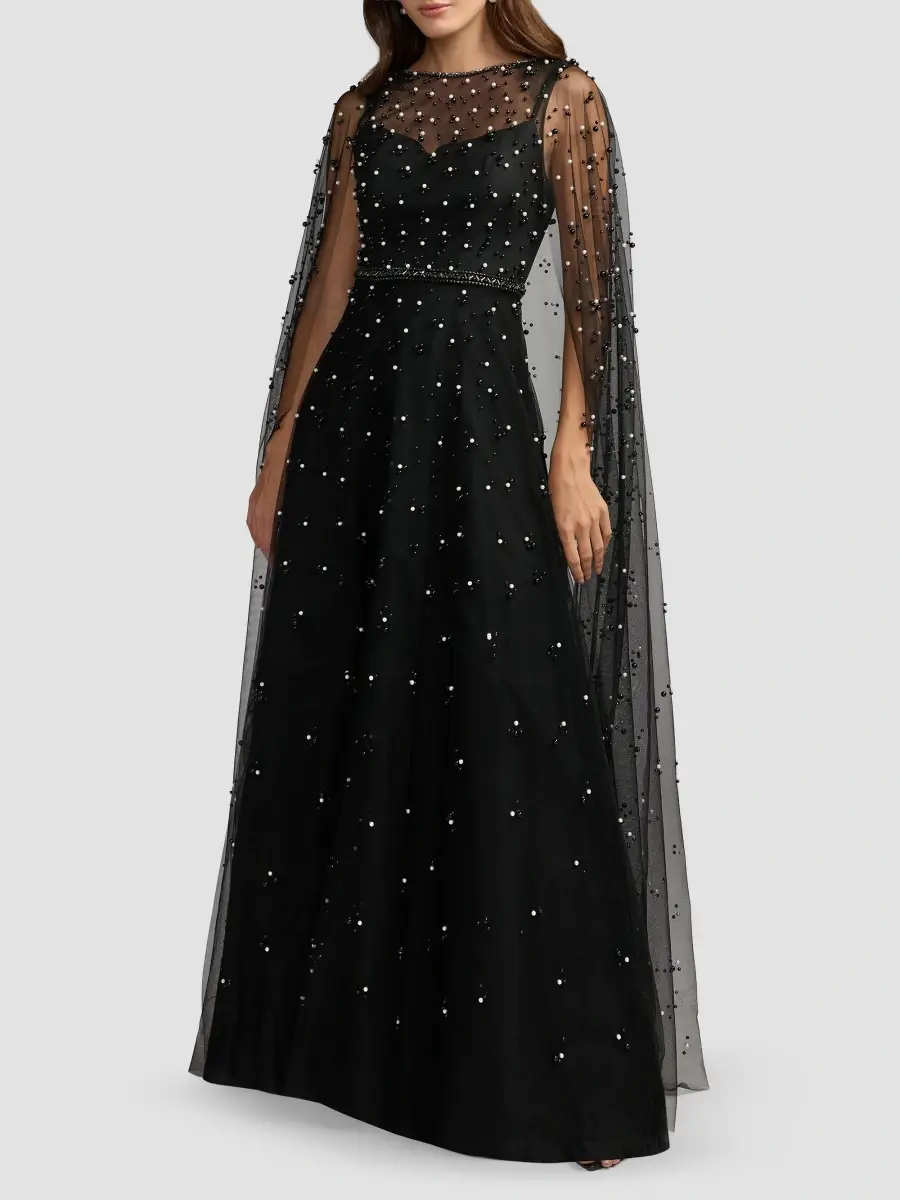 Mac Duggal Women's Pearl-Embellished Tulle Cape Gown | Thumbnail 2 Mac Duggal Women's Pearl-Embellished Tulle Cape Gown | Thumbnail 2