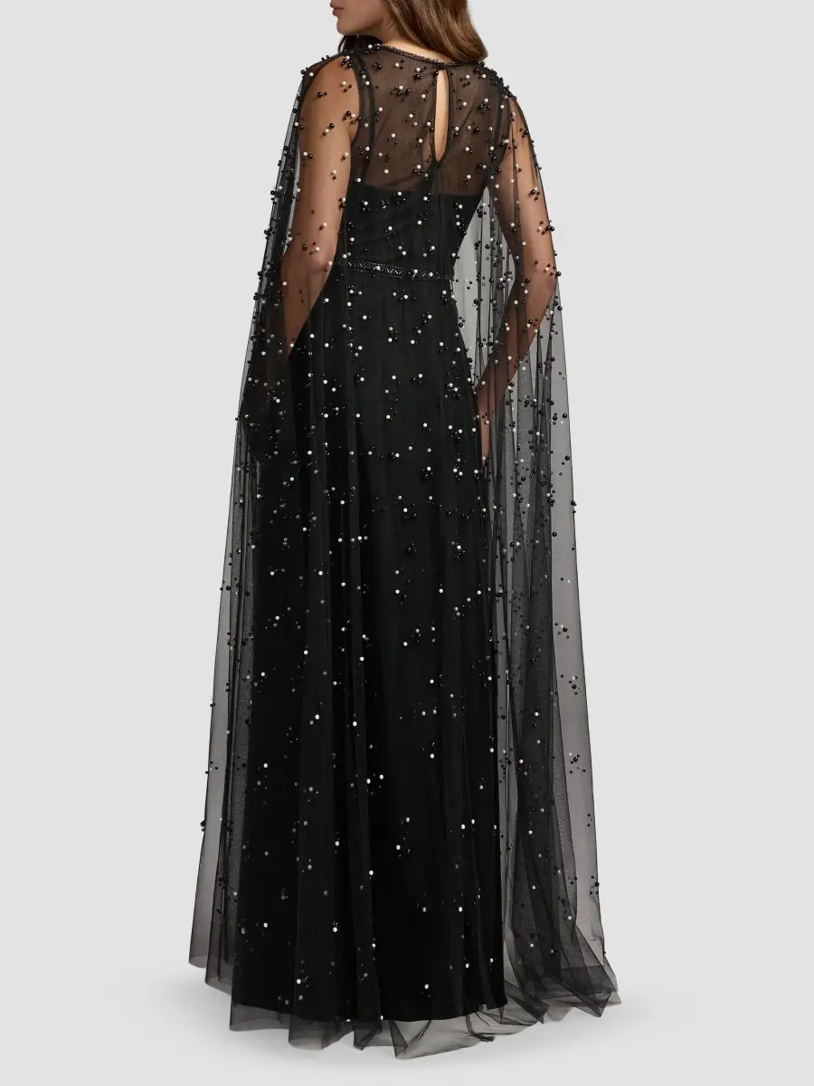 Mac Duggal Women's Pearl-Embellished Tulle Cape Gown | Thumbnail 3 Mac Duggal Women's Pearl-Embellished Tulle Cape Gown | Thumbnail 3