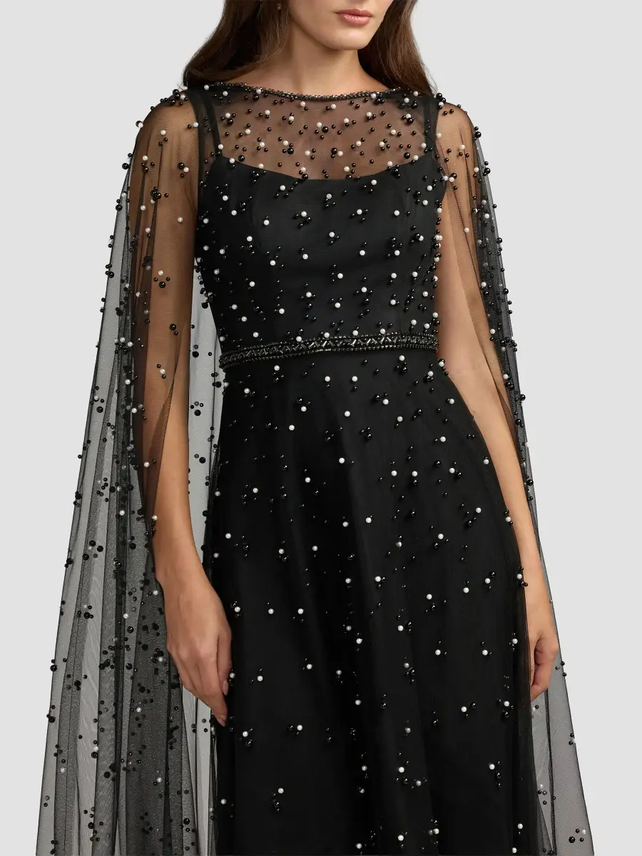 Mac Duggal Women's Pearl-Embellished Tulle Cape Gown | Thumbnail 4 Mac Duggal Women's Pearl-Embellished Tulle Cape Gown | Thumbnail 4