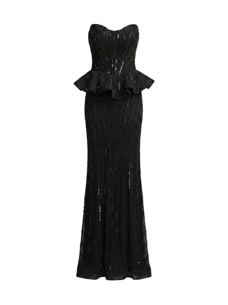 Mac Duggal Women's Beaded Mesh Strapless Peplum Gown