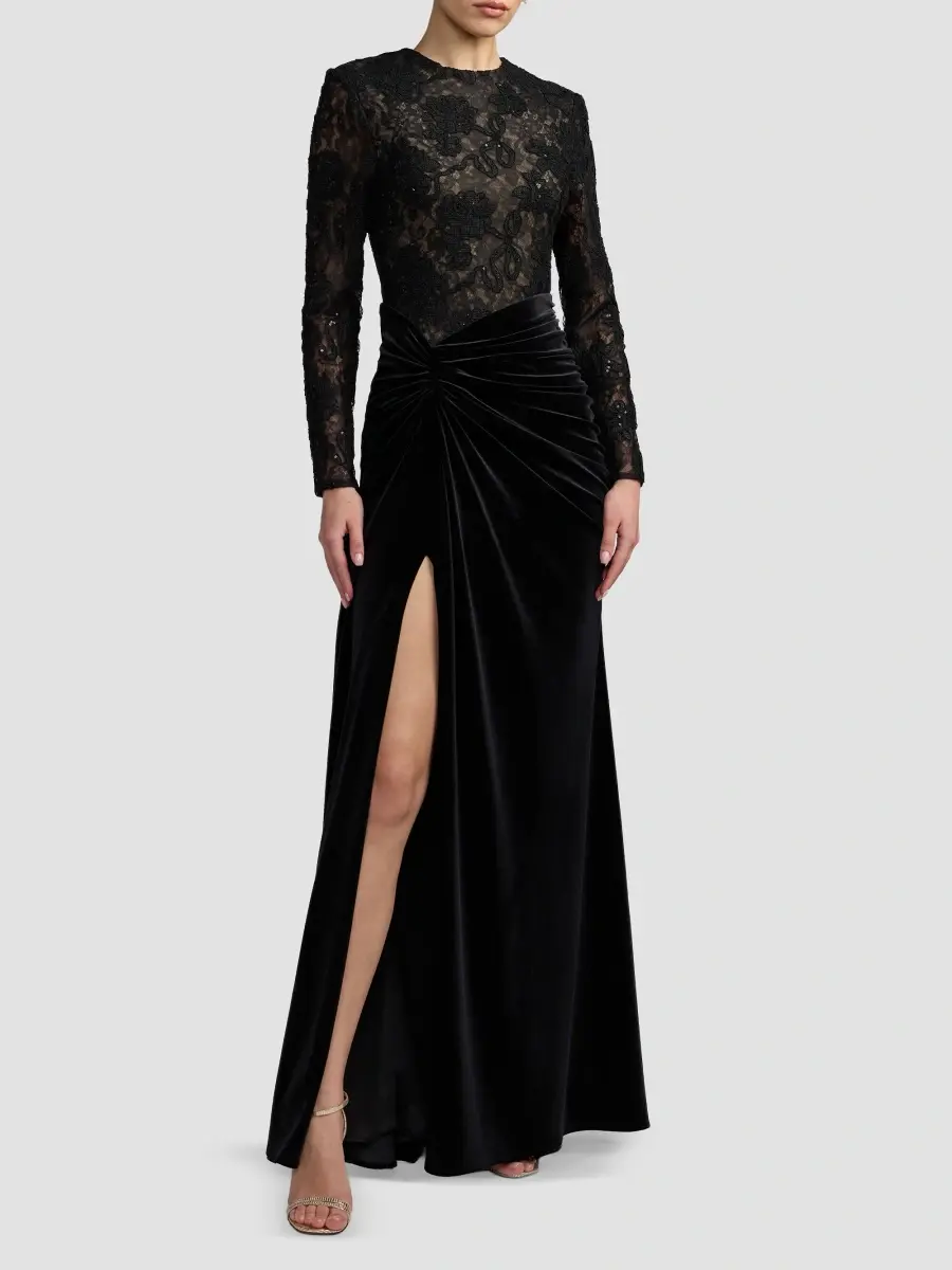 Mac Duggal Women's Lace-Velvet Column Gown | Thumbnail 2 Mac Duggal Women's Lace-Velvet Column Gown | Thumbnail 2