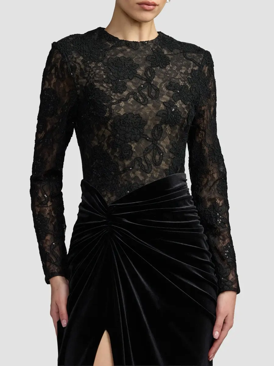 Mac Duggal Women's Lace-Velvet Column Gown | Thumbnail 4 Mac Duggal Women's Lace-Velvet Column Gown | Thumbnail 4