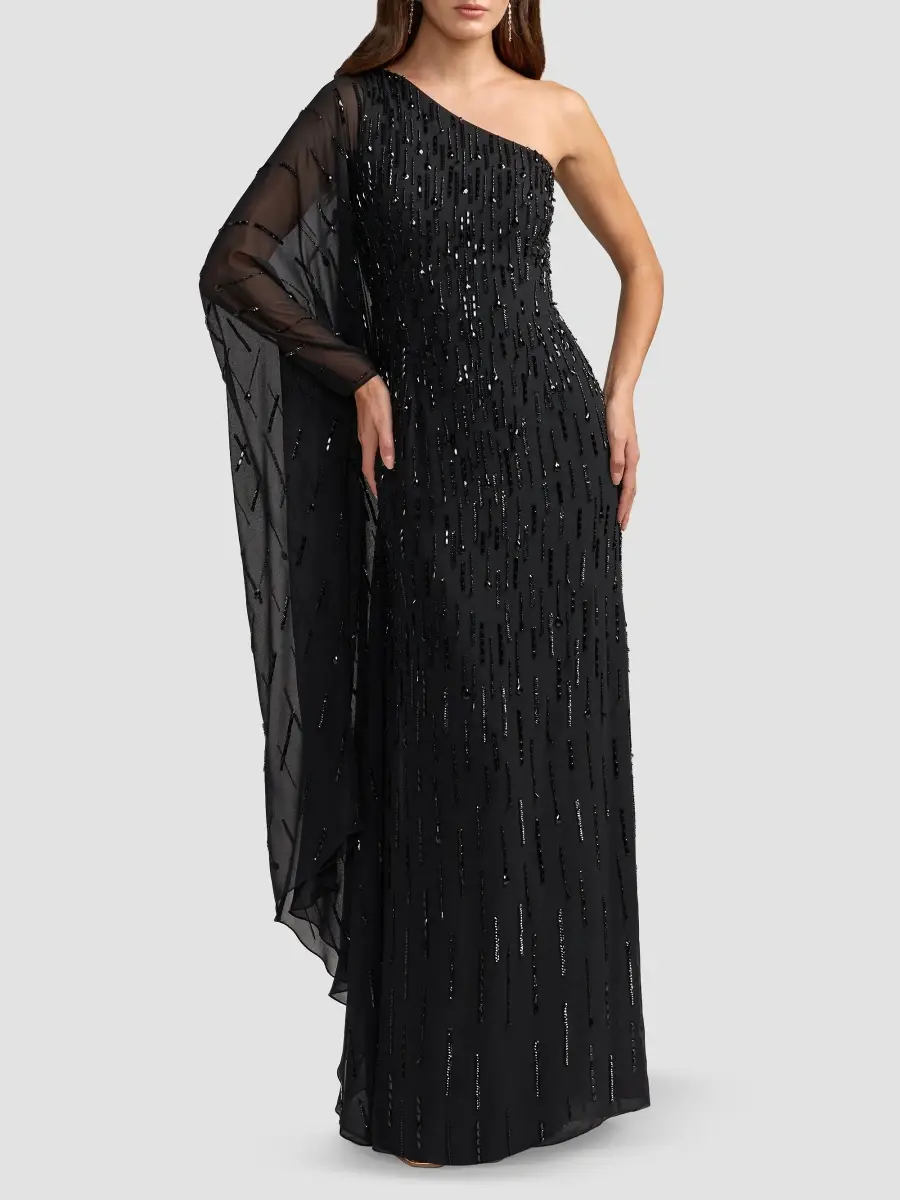 Mac Duggal Women's Beaded Mesh One-Sleeve Column Gown | Thumbnail 2 Mac Duggal Women's Beaded Mesh One-Sleeve Column Gown | Thumbnail 2