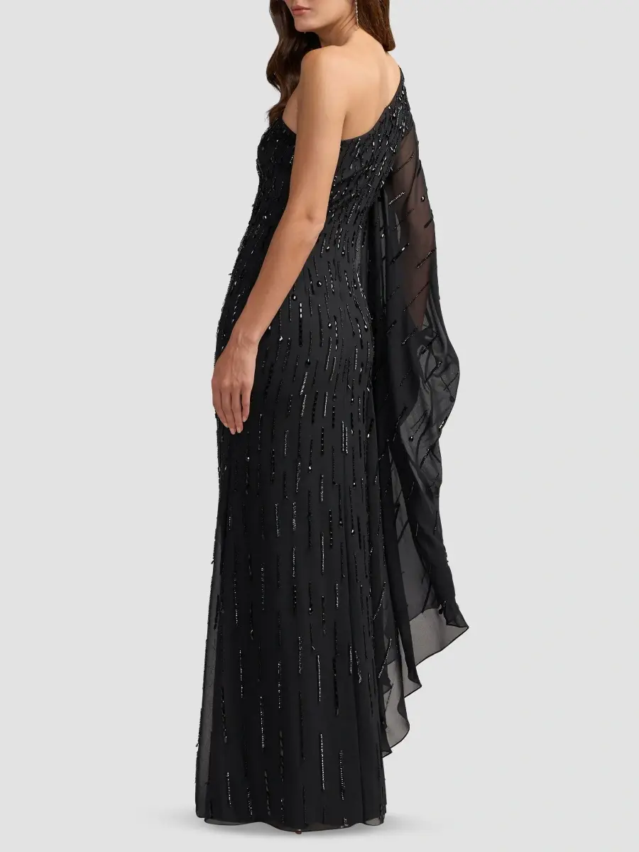 Mac Duggal Women's Beaded Mesh One-Sleeve Column Gown | Thumbnail 3 Mac Duggal Women's Beaded Mesh One-Sleeve Column Gown | Thumbnail 3
