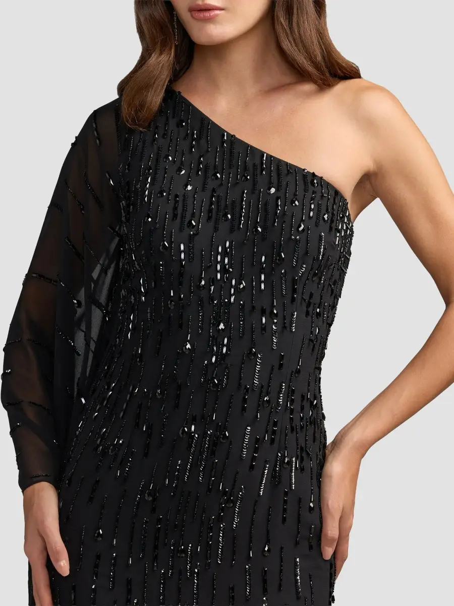 Mac Duggal Women's Beaded Mesh One-Sleeve Column Gown | Thumbnail 4 Mac Duggal Women's Beaded Mesh One-Sleeve Column Gown | Thumbnail 4