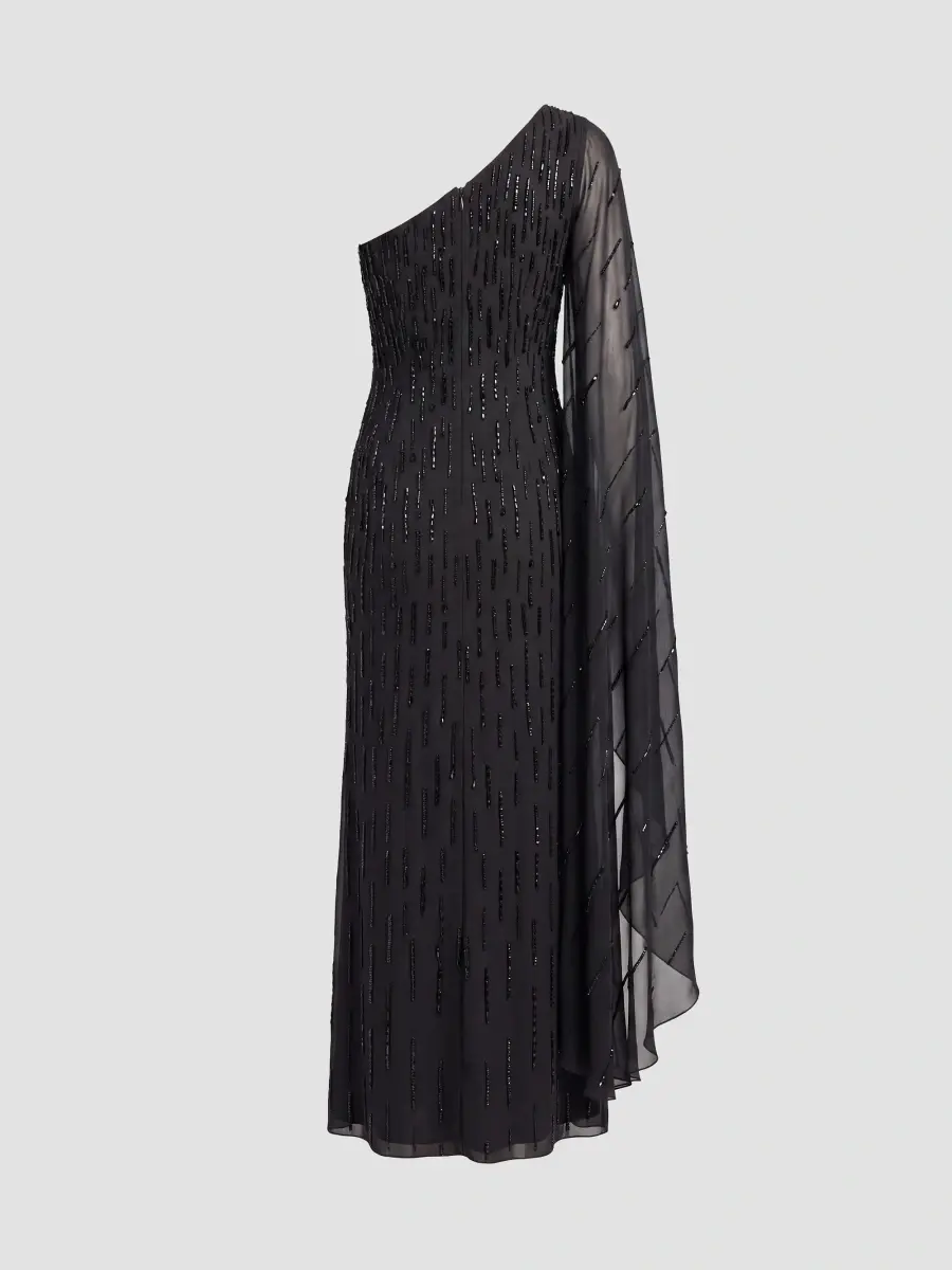 Mac Duggal Women's Beaded Mesh One-Sleeve Column Gown | Thumbnail 5 Mac Duggal Women's Beaded Mesh One-Sleeve Column Gown | Thumbnail 5