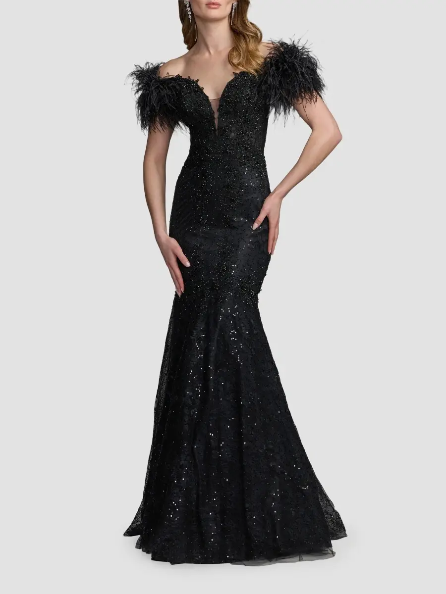 Mac Duggal Women's Sequin-Embellished Feather-Sleeve Trumpet Gown | Thumbnail 2