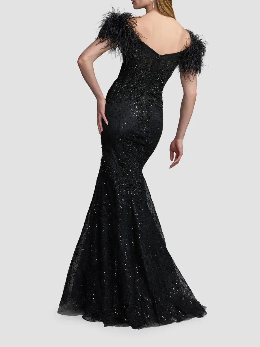 Mac Duggal Women's Sequin-Embellished Feather-Sleeve Trumpet Gown | Thumbnail 3