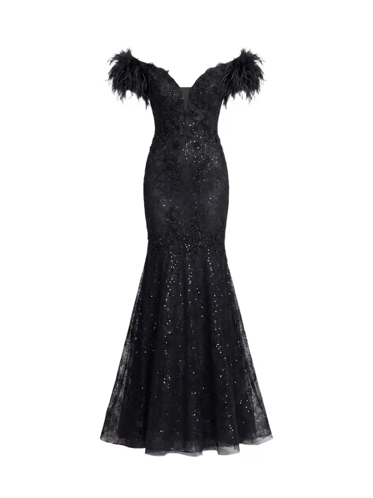 Mac Duggal Women's Sequin-Embellished Feather-Sleeve Trumpet Gown