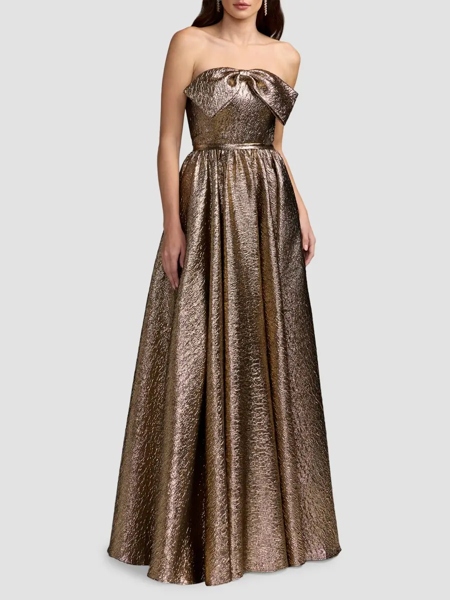 Mac Duggal Women's Metallic Brocade Bow Strapless Gown | Thumbnail 2 Mac Duggal Women's Metallic Brocade Bow Strapless Gown | Thumbnail 2