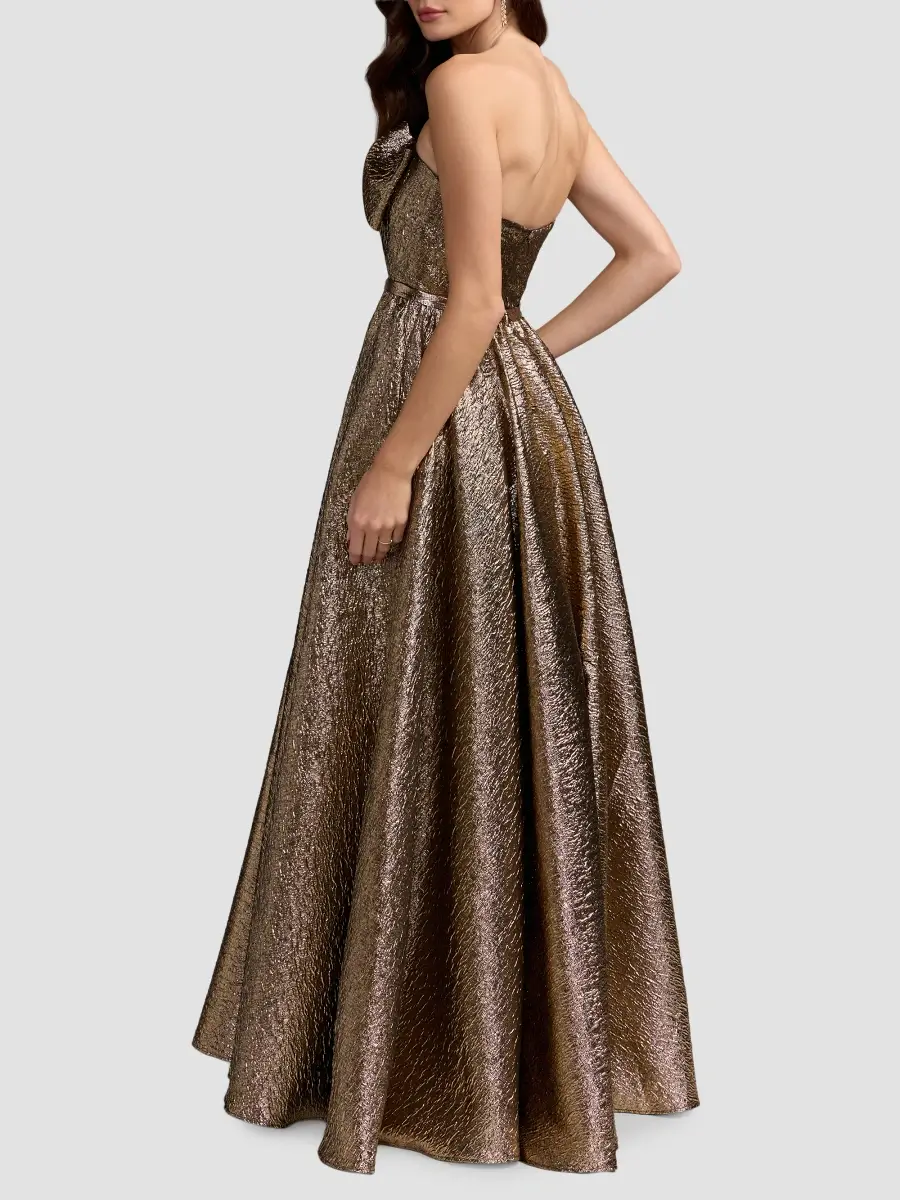 Mac Duggal Women's Metallic Brocade Bow Strapless Gown | Thumbnail 3 Mac Duggal Women's Metallic Brocade Bow Strapless Gown | Thumbnail 3