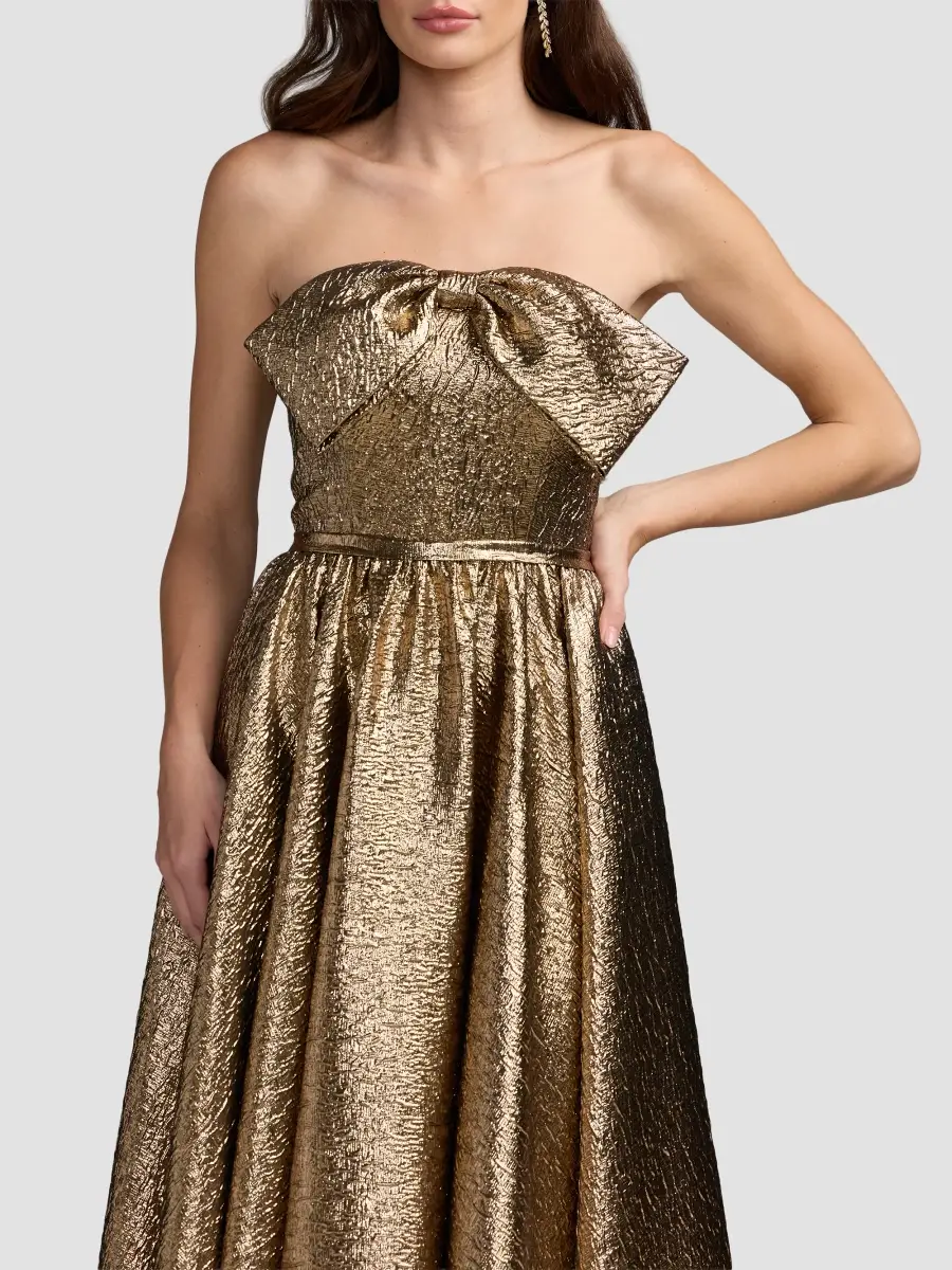 Mac Duggal Women's Metallic Brocade Bow Strapless Gown | Thumbnail 4 Mac Duggal Women's Metallic Brocade Bow Strapless Gown | Thumbnail 4
