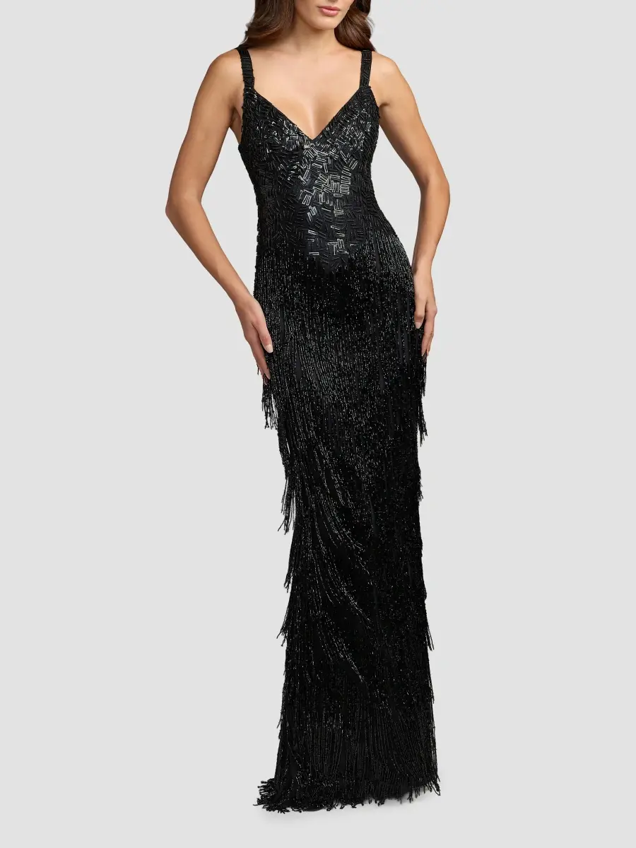 Mac Duggal Women's Beaded Fringe Column Gown | Thumbnail 4 Mac Duggal Women's Beaded Fringe Column Gown | Thumbnail 4