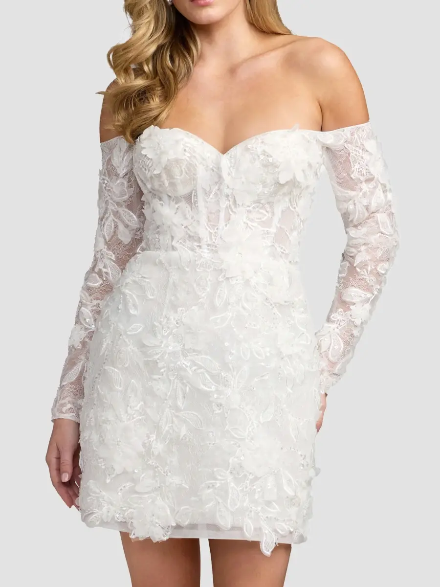 Mac Duggal Women's Lace Off-the-Shoulder Long-Sleeve Mini Dress | Thumbnail 3