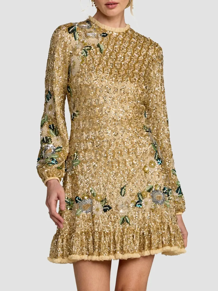 Mac Duggal Women's Floral-Beaded Mesh A-Line Mini Dress | Thumbnail 2 Mac Duggal Women's Floral-Beaded Mesh A-Line Mini Dress | Thumbnail 2