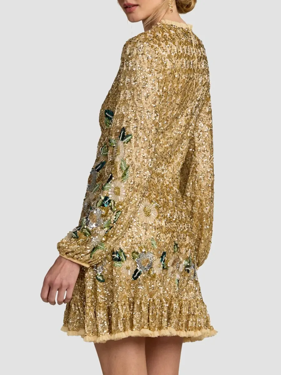 Mac Duggal Women's Floral-Beaded Mesh A-Line Mini Dress | Thumbnail 3 Mac Duggal Women's Floral-Beaded Mesh A-Line Mini Dress | Thumbnail 3