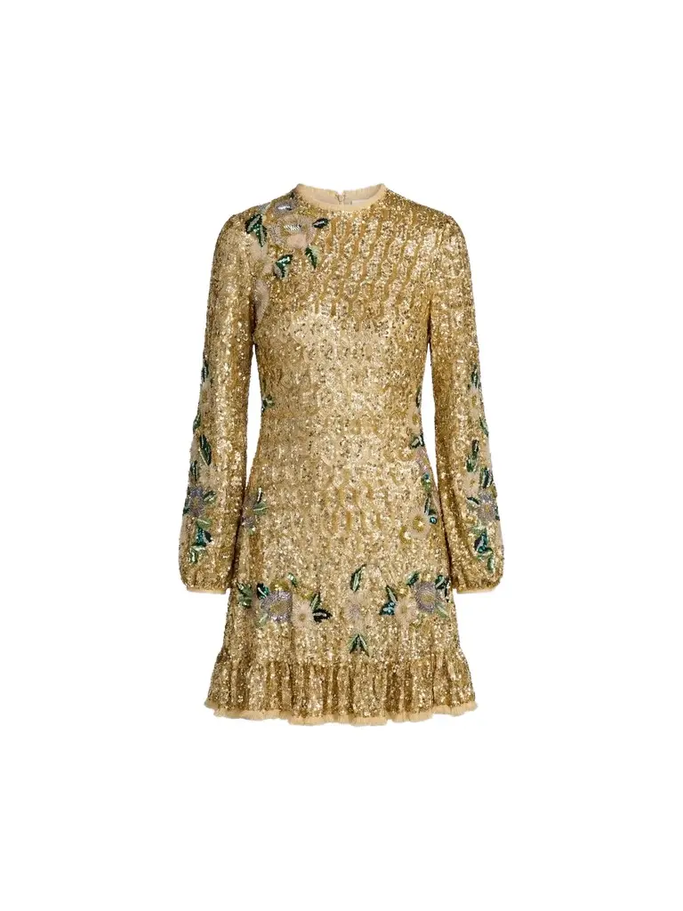 Women's Floral-Beaded Mesh A-Line Mini Dress Women's Floral-Beaded Mesh A-Line Mini Dress