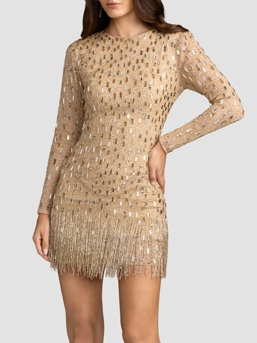 Mac Duggal Women's Beaded Mesh Fringe-Hem Mini Dress | Thumbnail 2 Mac Duggal Women's Beaded Mesh Fringe-Hem Mini Dress | Thumbnail 2