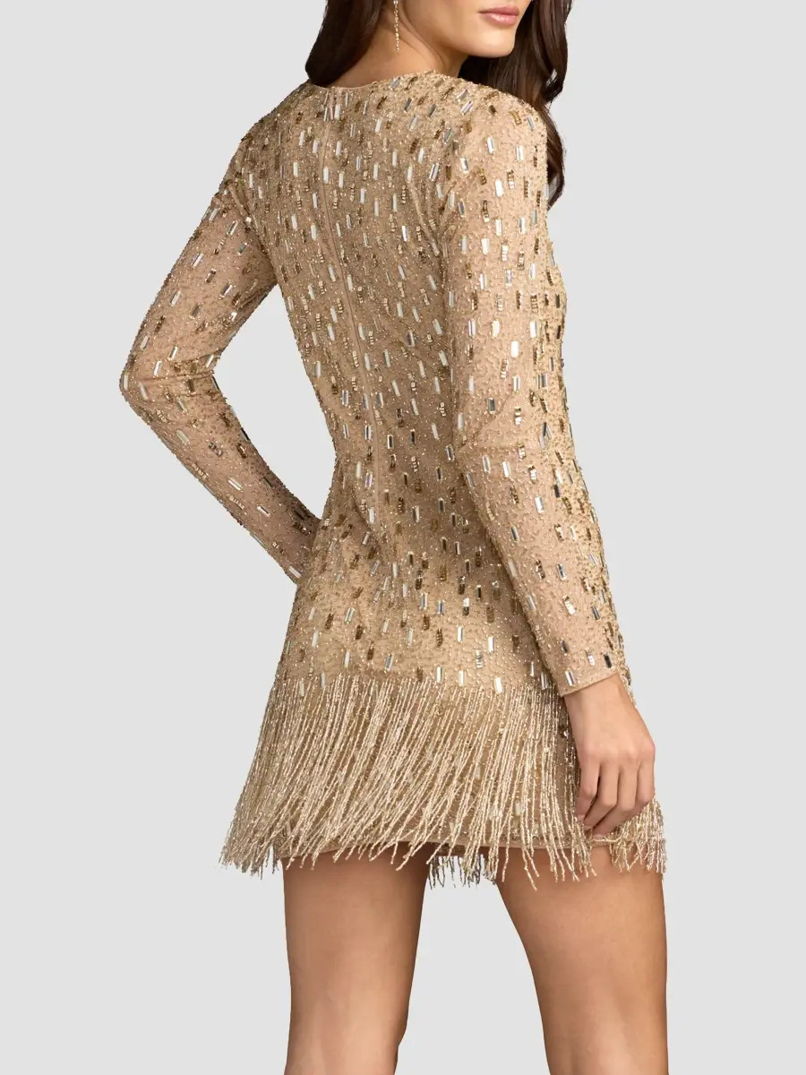 Mac Duggal Women's Beaded Mesh Fringe-Hem Mini Dress | Thumbnail 3 Mac Duggal Women's Beaded Mesh Fringe-Hem Mini Dress | Thumbnail 3