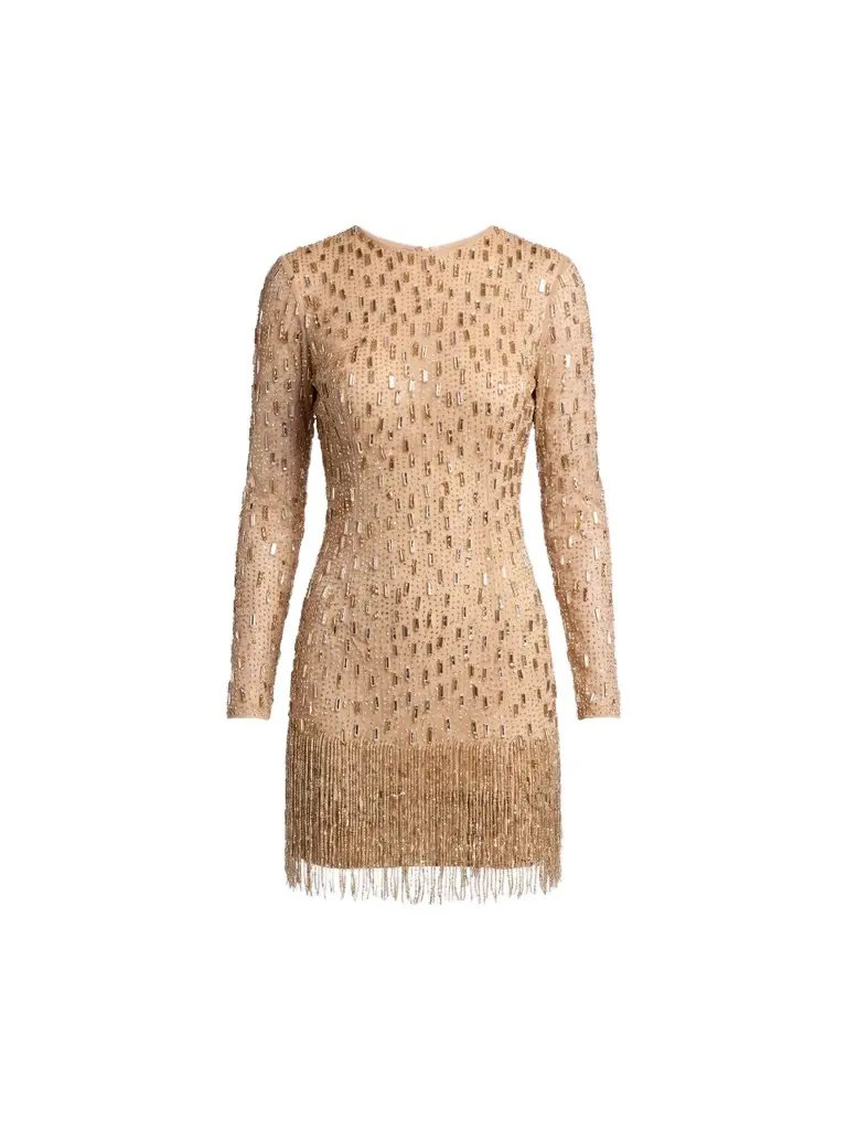 Women's Beaded Mesh Fringe-Hem Mini Dress Women's Beaded Mesh Fringe-Hem Mini Dress