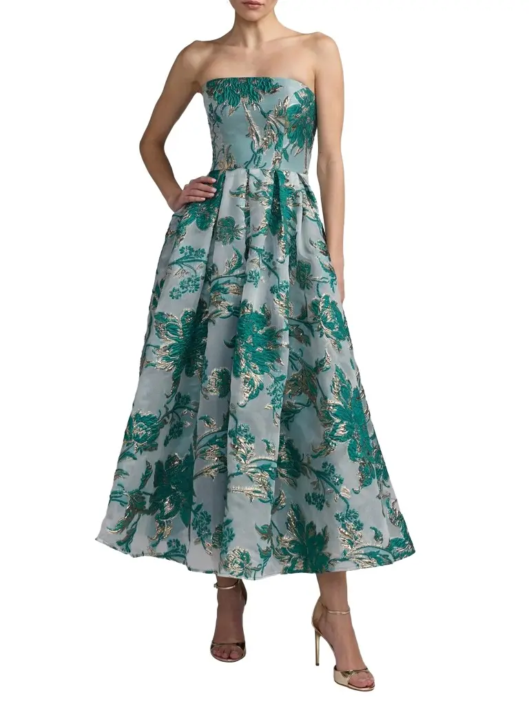 Women's Petite Floral Brocade Fit & Flare Strapless Midi-Dress