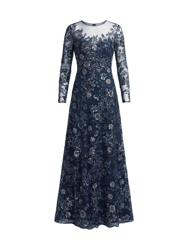 Mac Duggal Women's Floral Embroidered Long-Sleeve Gown