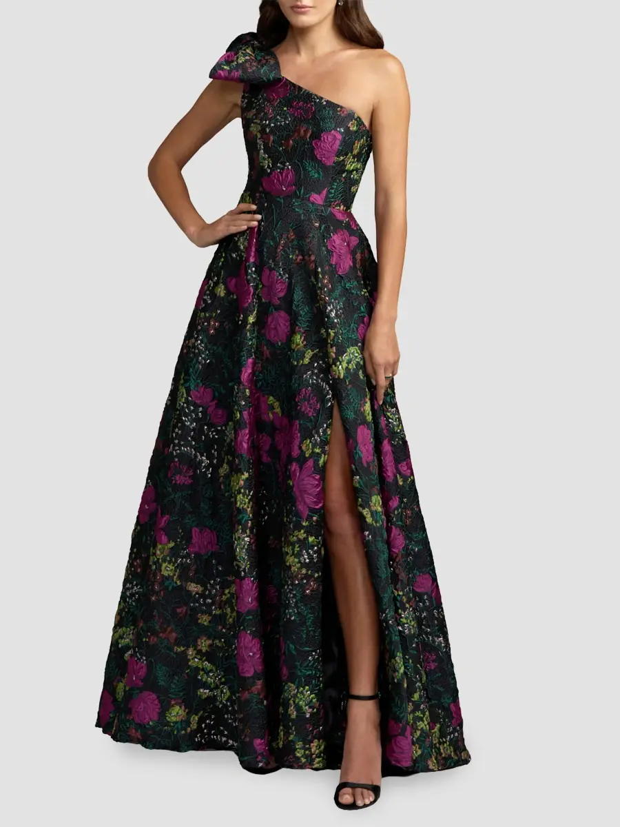 Mac Duggal Women's Floral Brocade Bow One-Shoulder Gown | Thumbnail 2 Mac Duggal Women's Floral Brocade Bow One-Shoulder Gown | Thumbnail 2