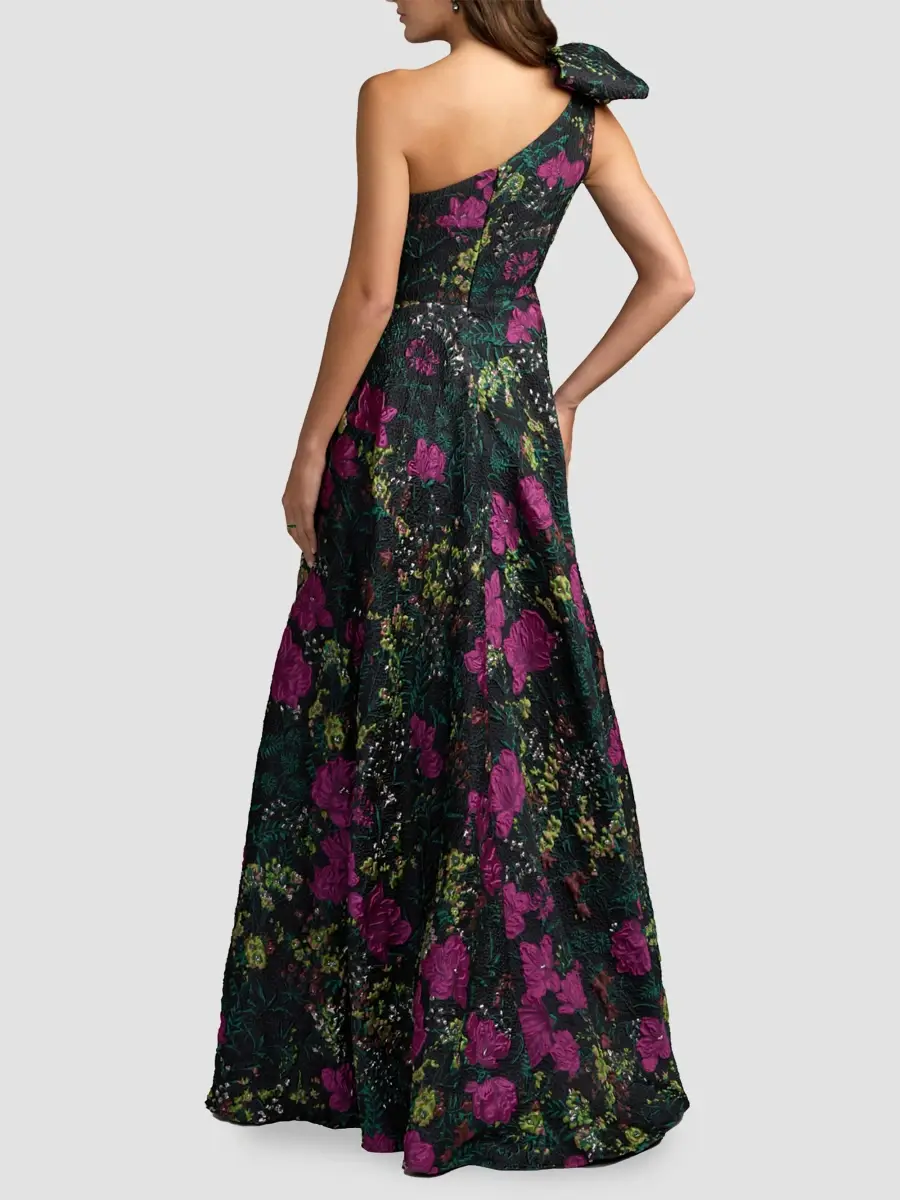 Mac Duggal Women's Floral Brocade Bow One-Shoulder Gown | Thumbnail 3 Mac Duggal Women's Floral Brocade Bow One-Shoulder Gown | Thumbnail 3
