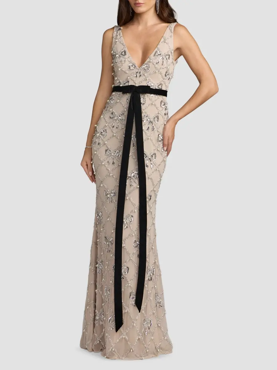 Mac Duggal Women's Embellished Grid Mesh Bow Gown | Thumbnail 2 Mac Duggal Women's Embellished Grid Mesh Bow Gown | Thumbnail 2