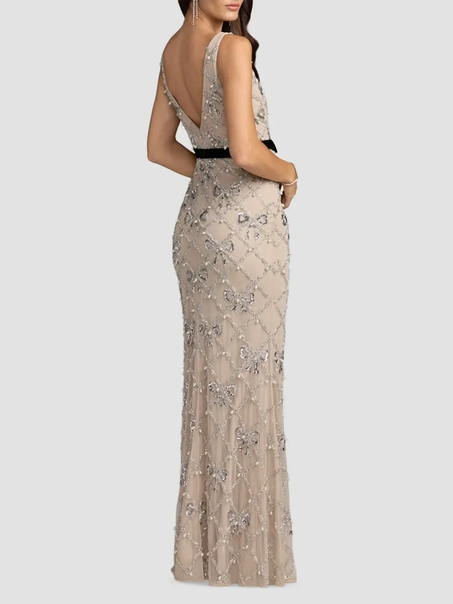 Mac Duggal Women's Embellished Grid Mesh Bow Gown | Thumbnail 3 Mac Duggal Women's Embellished Grid Mesh Bow Gown | Thumbnail 3