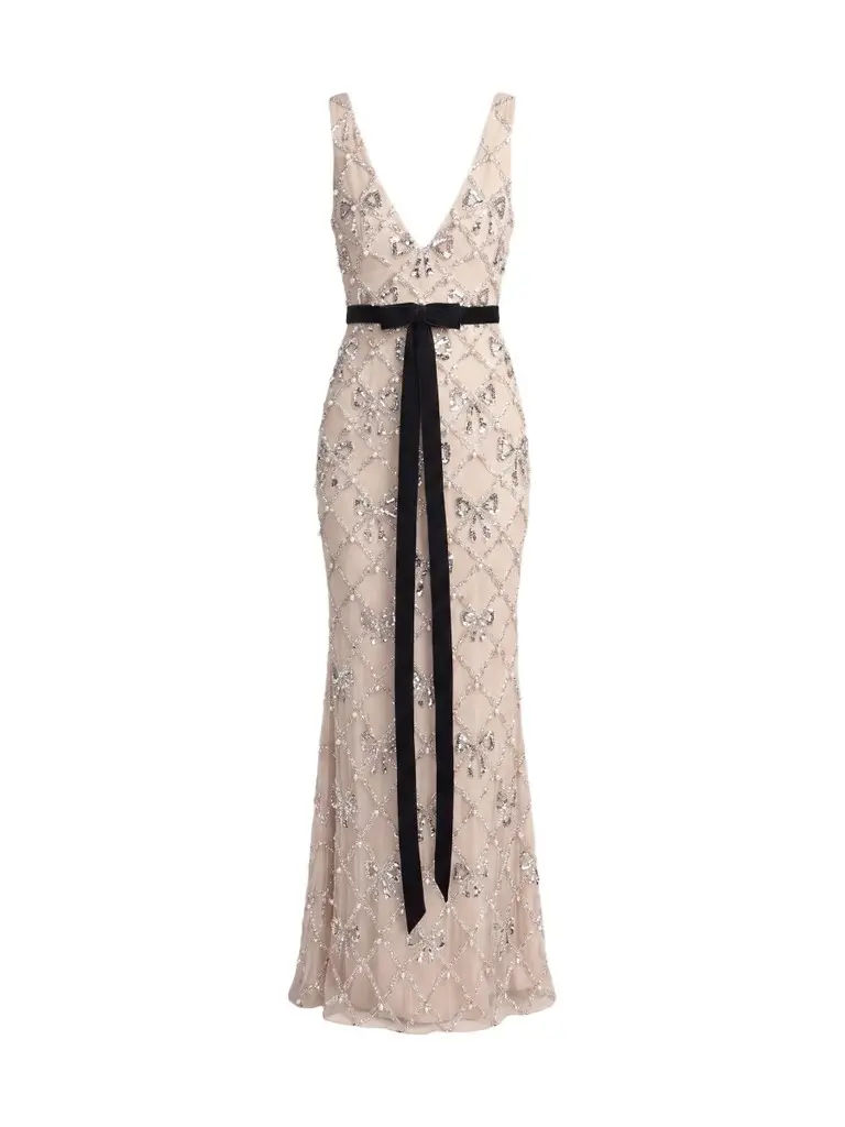 Mac Duggal Women's Embellished Grid Mesh Bow Gown