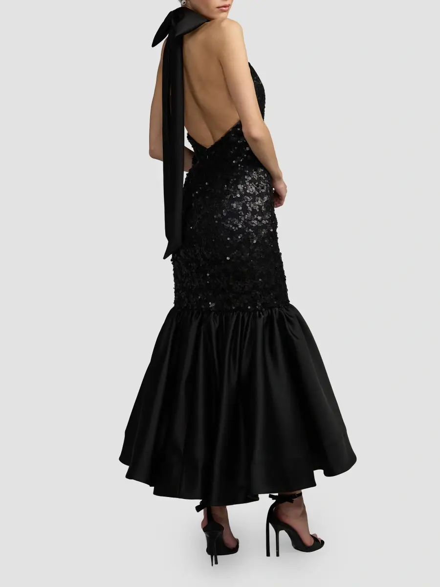 Mac Duggal Women's Sequined Lace-Satin Halter Mermaid Midi Dress | Thumbnail 3