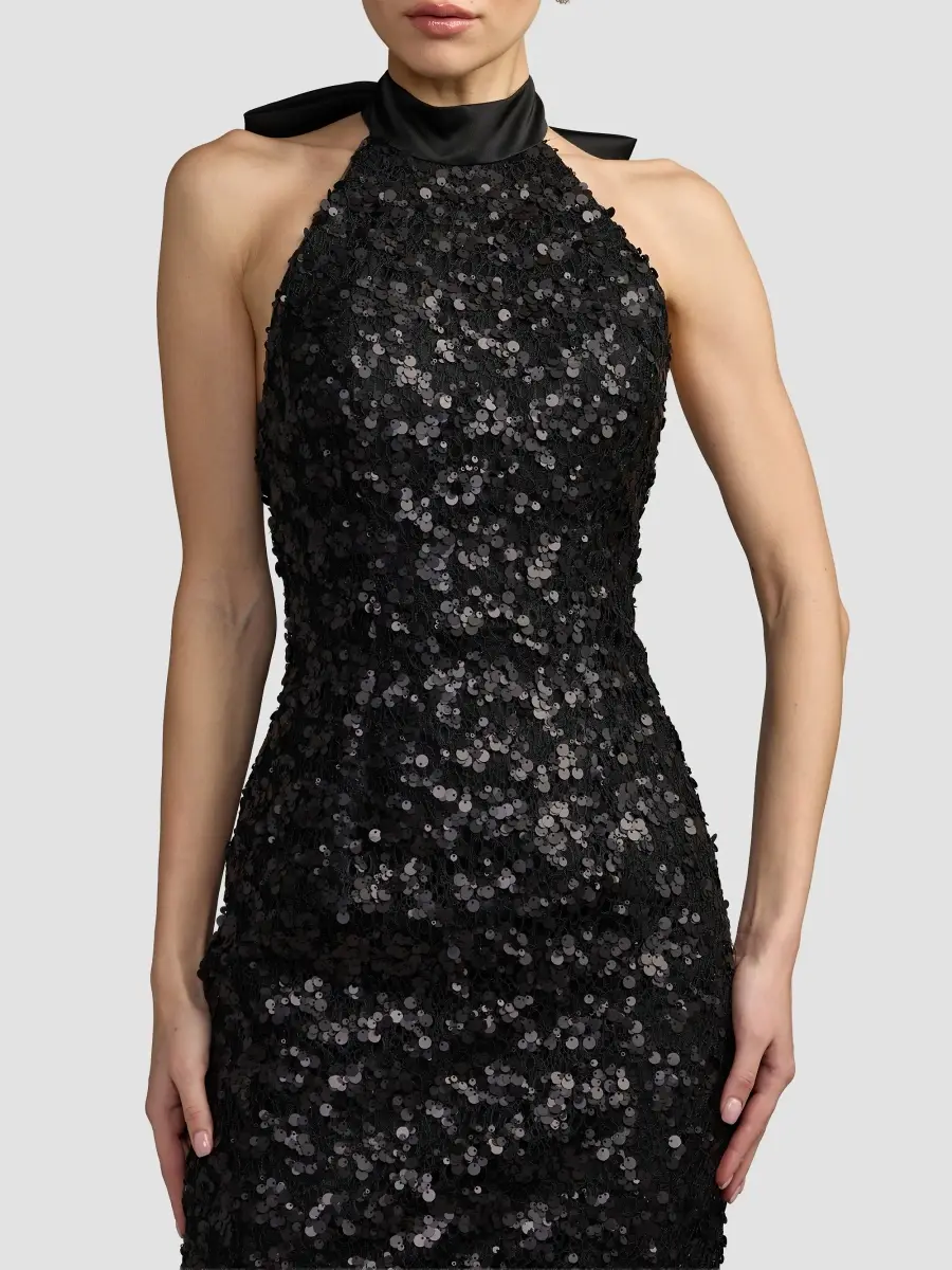 Mac Duggal Women's Sequined Lace-Satin Halter Mermaid Midi Dress | Thumbnail 4