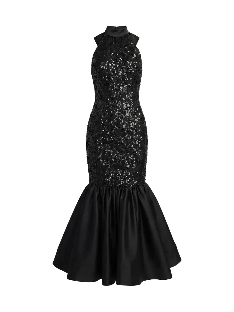 Mac Duggal Women's Sequined Lace-Satin Halter Mermaid Midi Dress