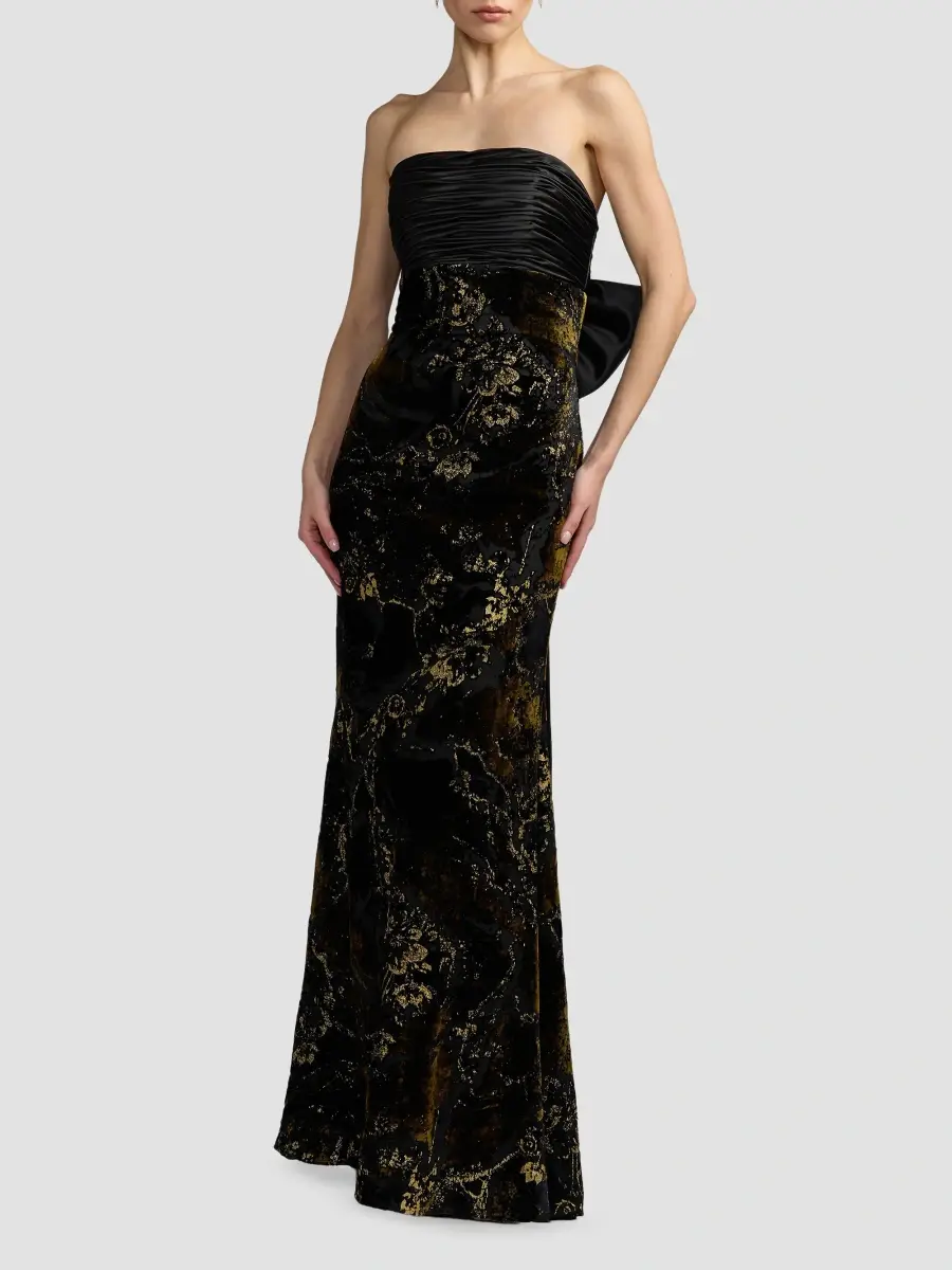 Mac Duggal Women's Satin & Burnout Velvet Strapless Column Gown | Thumbnail 2 Mac Duggal Women's Satin & Burnout Velvet Strapless Column Gown | Thumbnail 2