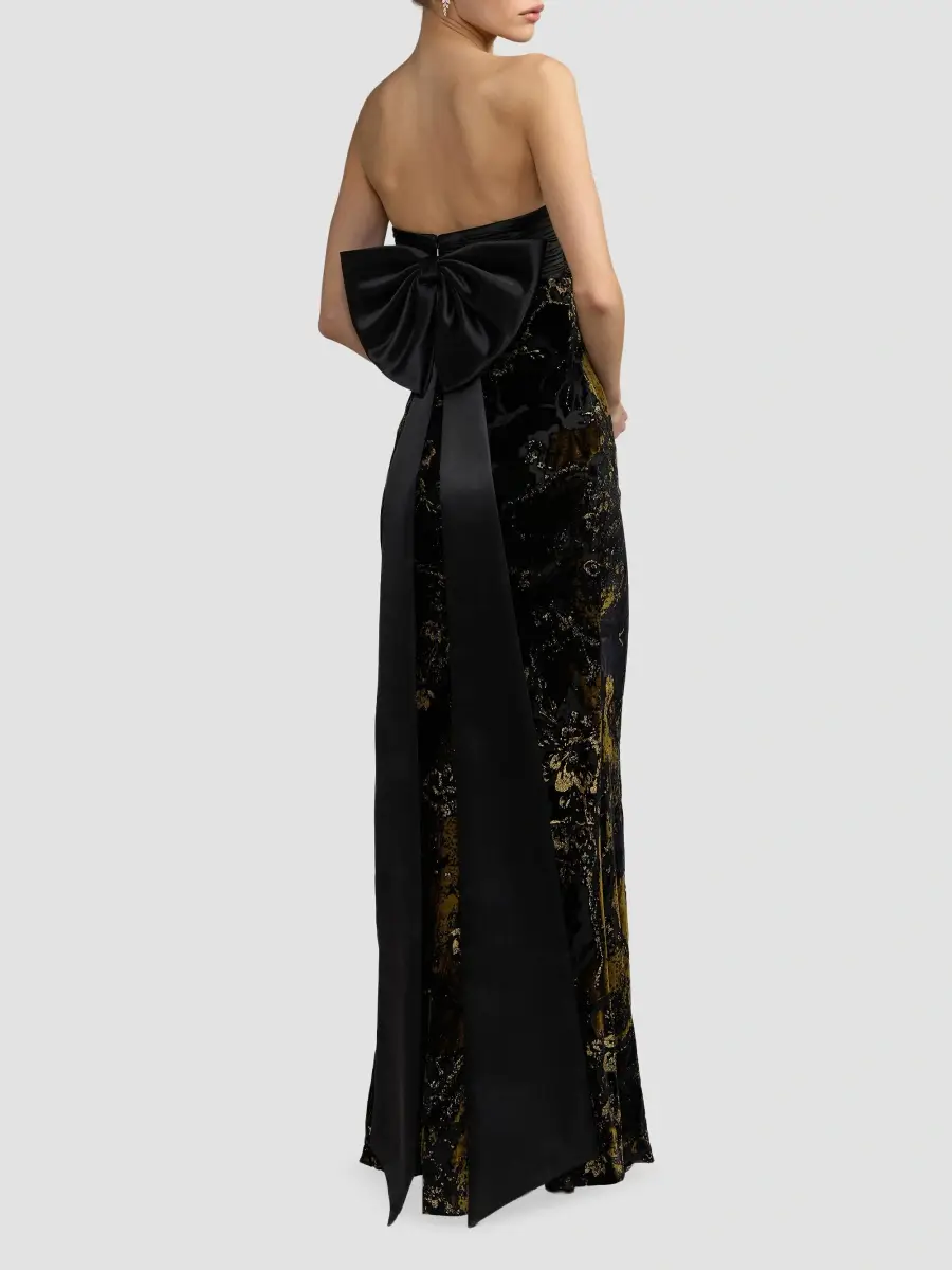 Mac Duggal Women's Satin & Burnout Velvet Strapless Column Gown | Thumbnail 3 Mac Duggal Women's Satin & Burnout Velvet Strapless Column Gown | Thumbnail 3