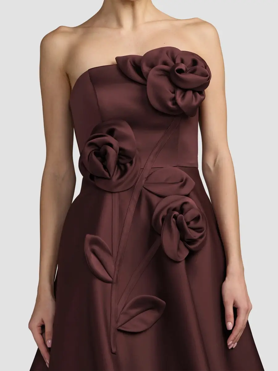 Mac Duggal Women's Floral Satin Strapless Midi Dress | Thumbnail 4 Mac Duggal Women's Floral Satin Strapless Midi Dress | Thumbnail 4