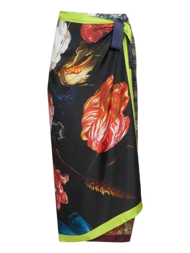 Dries Van Noten Women's Scarfy Patchwork-Print Silk Midi Wrap Skirt