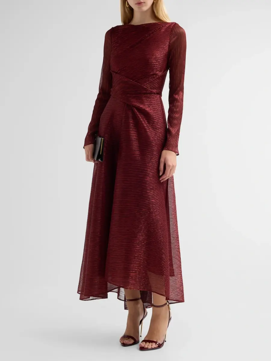 Talbot Runhof Women's Pleated Metallic Voile Tea-Length Dress | Thumbnail 4 Talbot Runhof Women's Pleated Metallic Voile Tea-Length Dress | Thumbnail 4