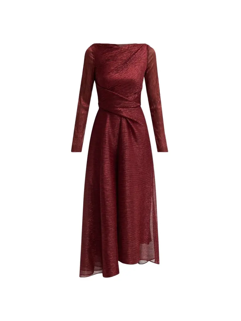 Talbot Runhof Women's Pleated Metallic Voile Tea-Length Dress