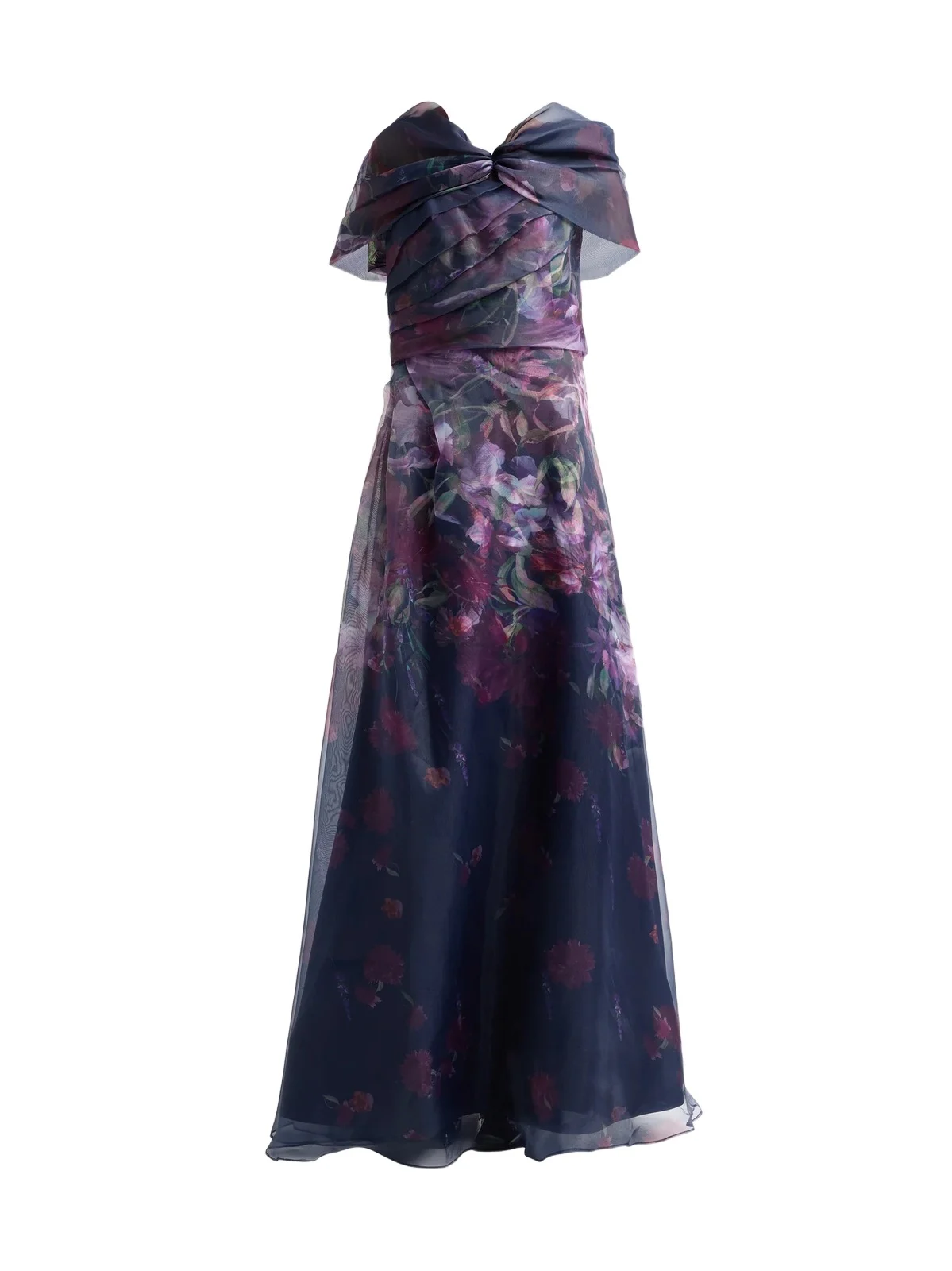 Rene Ruiz Collection Women's Draped Printed Organza One-Shoulder Gown