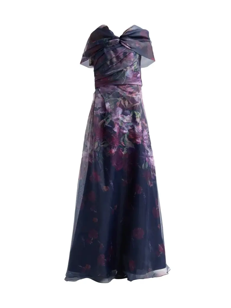 Rene Ruiz Collection Women's Draped Printed Organza One-Shoulder Gown
