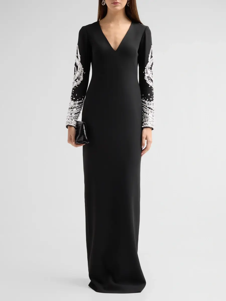PAMELLA ROLAND Women's Mirror-Embellished Crepe V-Neck Gown | Thumbnail 2 PAMELLA ROLAND Women's Mirror-Embellished Crepe V-Neck Gown | Thumbnail 2