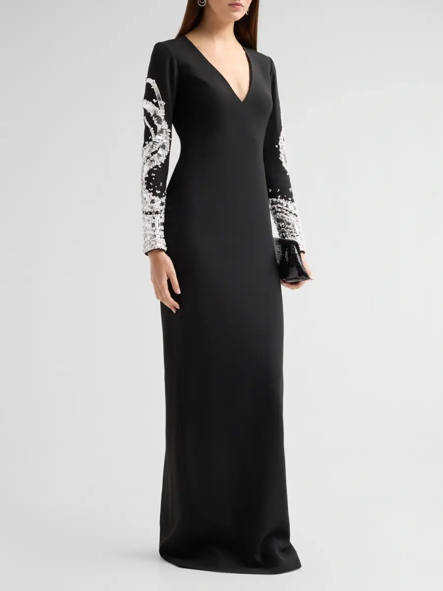 PAMELLA ROLAND Women's Mirror-Embellished Crepe V-Neck Gown | Thumbnail 4 PAMELLA ROLAND Women's Mirror-Embellished Crepe V-Neck Gown | Thumbnail 4