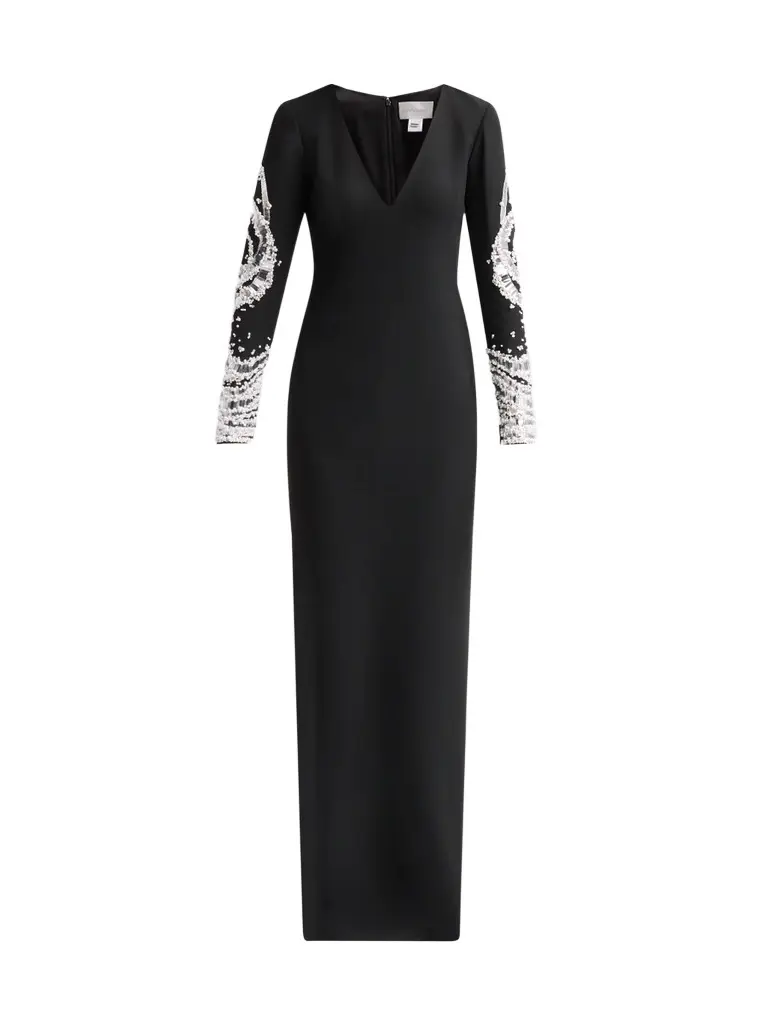 PAMELLA ROLAND Women's Mirror-Embellished Crepe V-Neck Gown