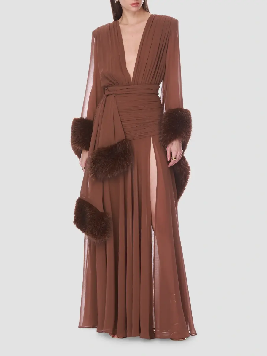 Bronx and Banco Women's Silk & Faux-Fur Self-Belt Gown | Thumbnail 3 Bronx and Banco Women's Silk & Faux-Fur Self-Belt Gown | Thumbnail 3
