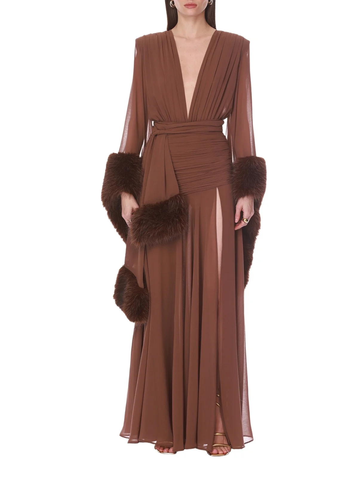 Women's Silk & Faux-Fur Self-Belt Gown Women's Silk & Faux-Fur Self-Belt Gown